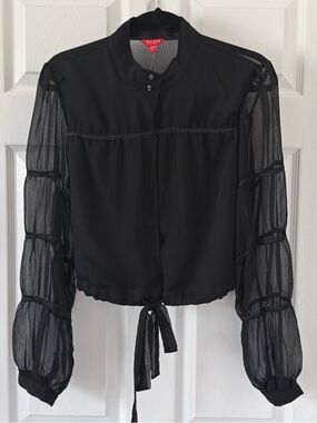Guess Womens Black Sheer Sleeve and Back Tie-Front Blouse